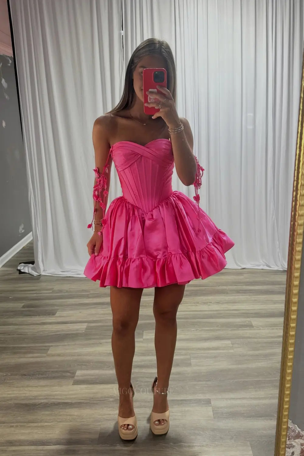 Hot Pink Satin Ruffle Skirt Homecoming Dress with 3D Floral Off-Shoulder Straps and Corset Bodice - H26015