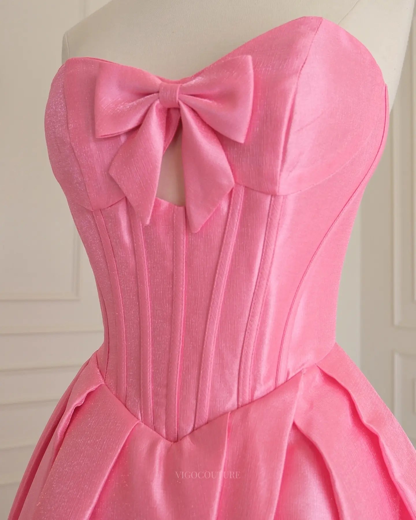 Pink Satin Prom Ball Gown with Sweetheart Bow-Front Corset and Keyhole - P26014