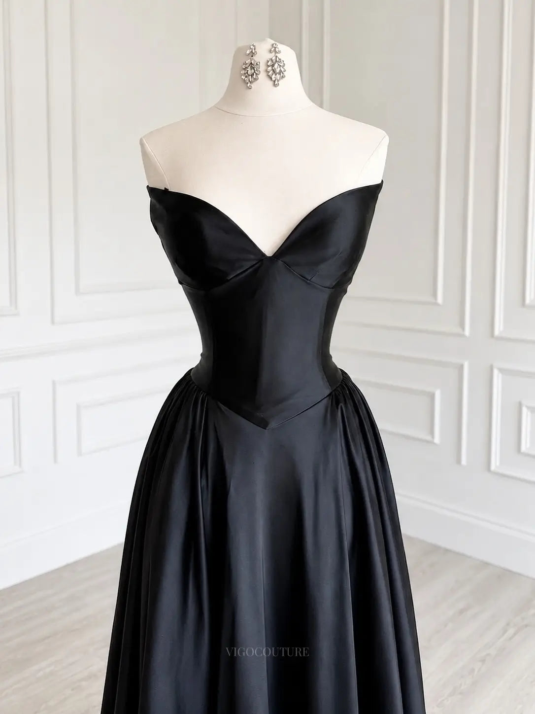 Black Satin A-Line Prom Dress with Strapless Sweetheart Corset and Basque Waist - P26021