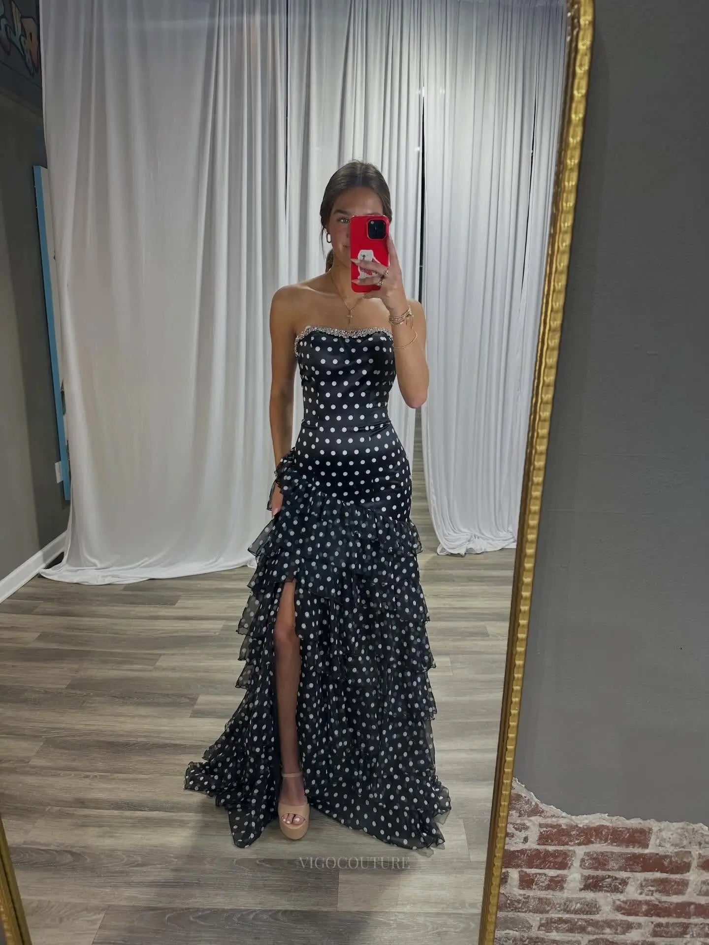 Black Polka Dot Mermaid Prom Dress with Rhinestone Neckline, High Slit and Tiered Ruffles - P26029