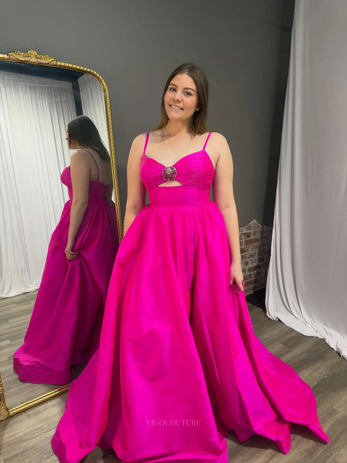 Hot Pink Satin A-Line Prom Dress with Crystal Brooch, Keyhole Bodice and High Slit - P26030