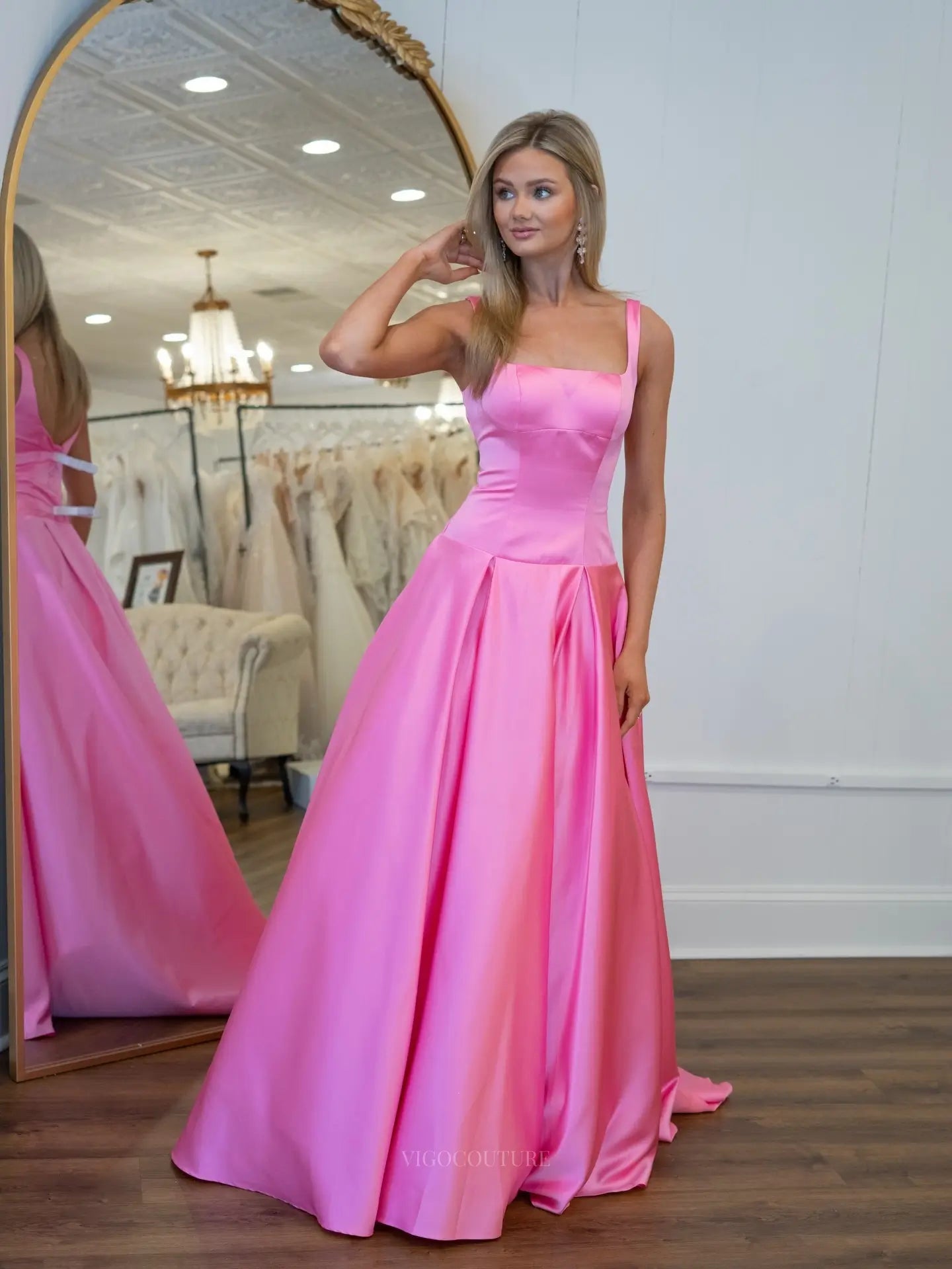 Pink Satin Ball Gown Prom Dress with Square Neckline and Dropped-Waist Bodice - P26034