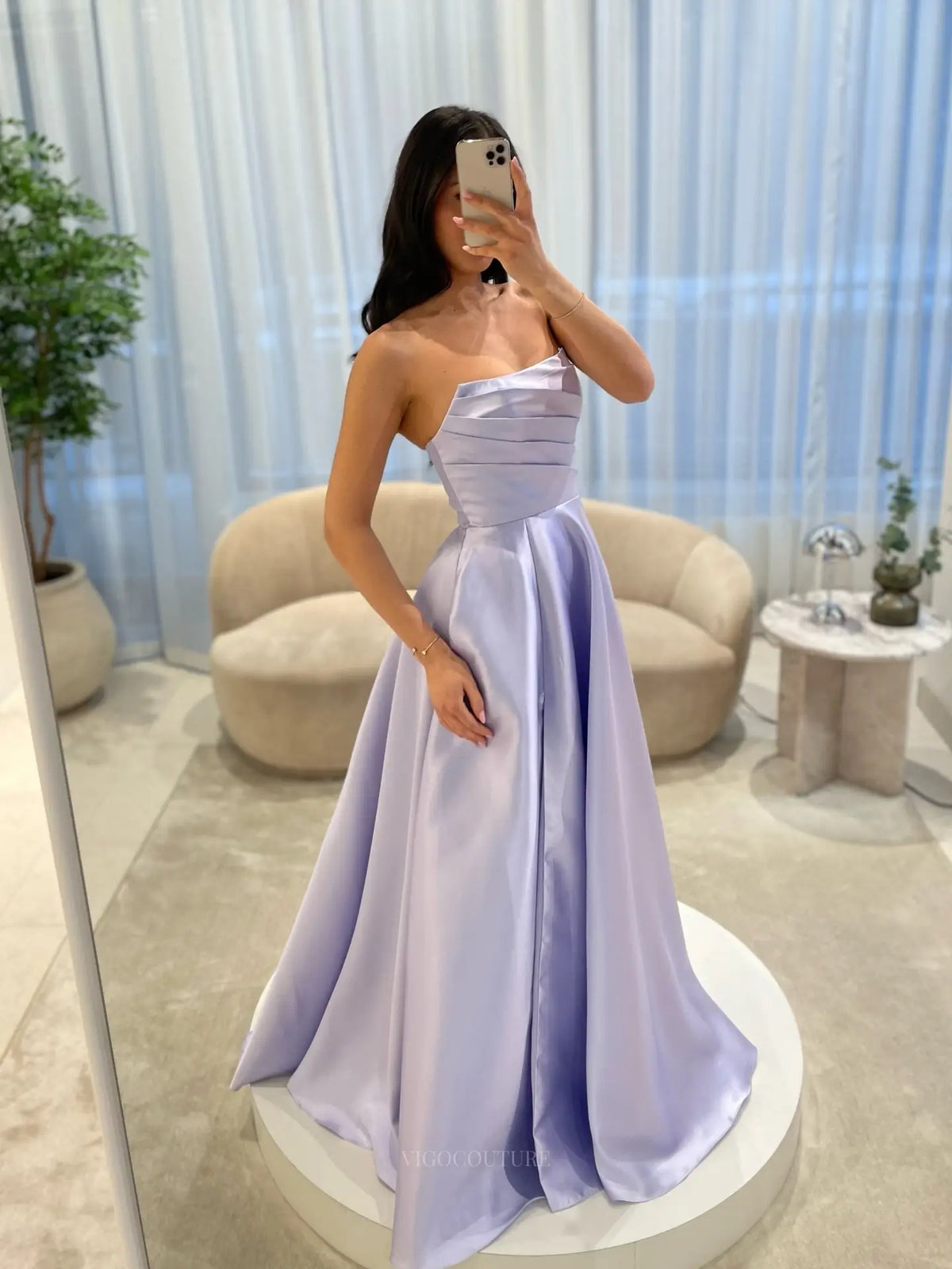 Elegant Satin A-Line Prom Dress with Strapless Asymmetric Neckline and Pleated Bodice - P26045