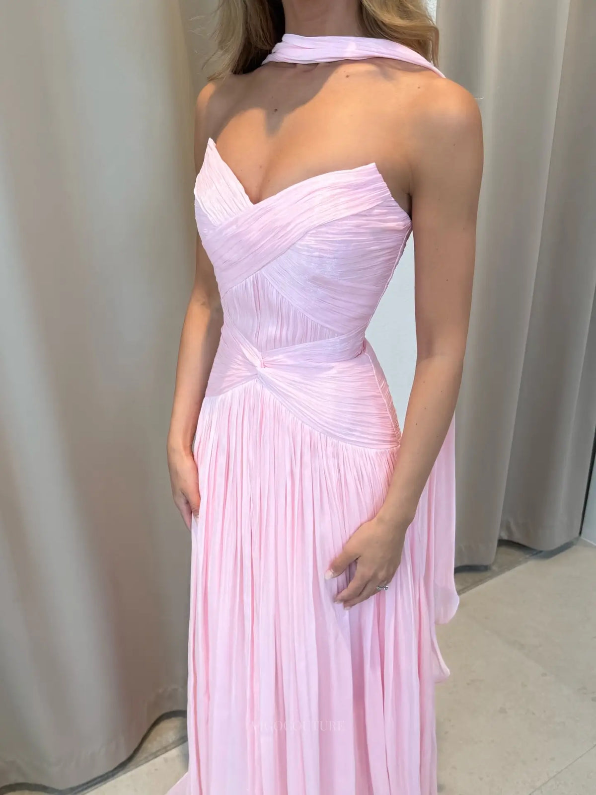 Romantic Strapless Pleated Chiffon Prom Dress with Ruched Drop Waist and Neck Scarf - P26053