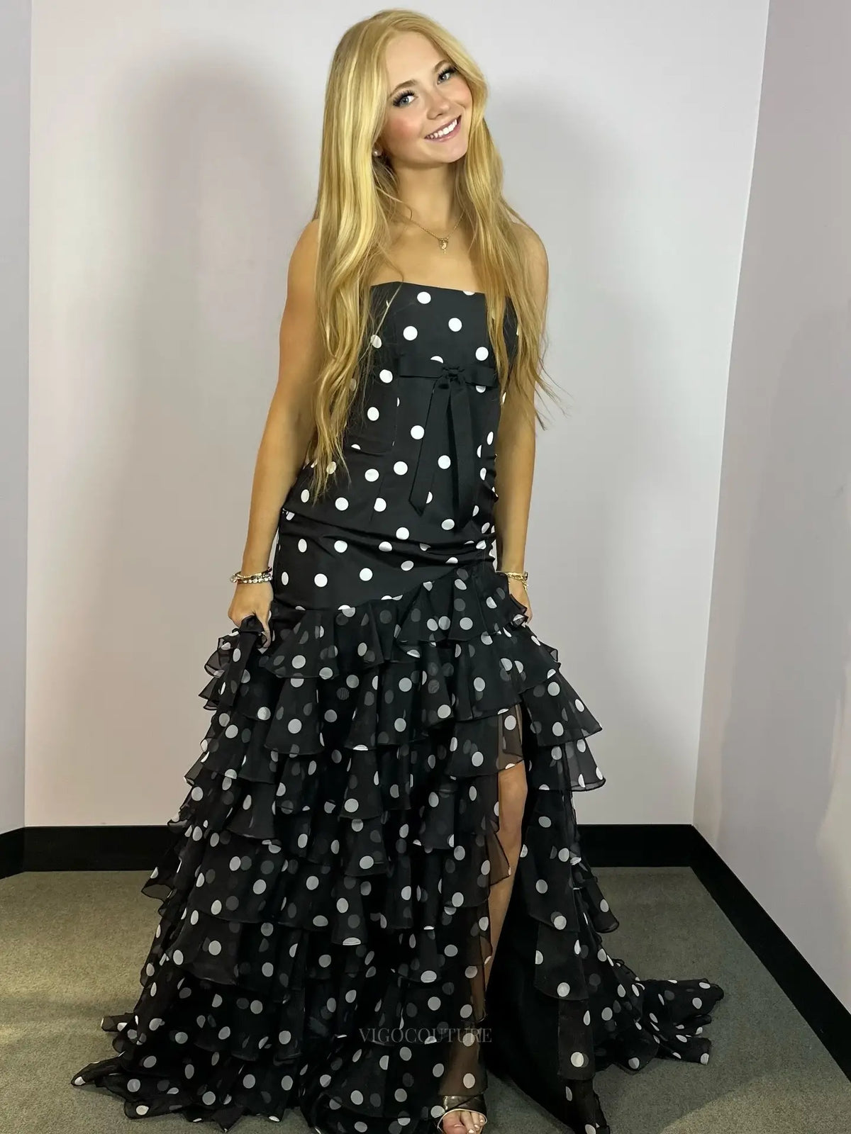 Playful Black Polka Dot Strapless Prom Dress with Tiered Ruffle Skirt and High Slit - P26057