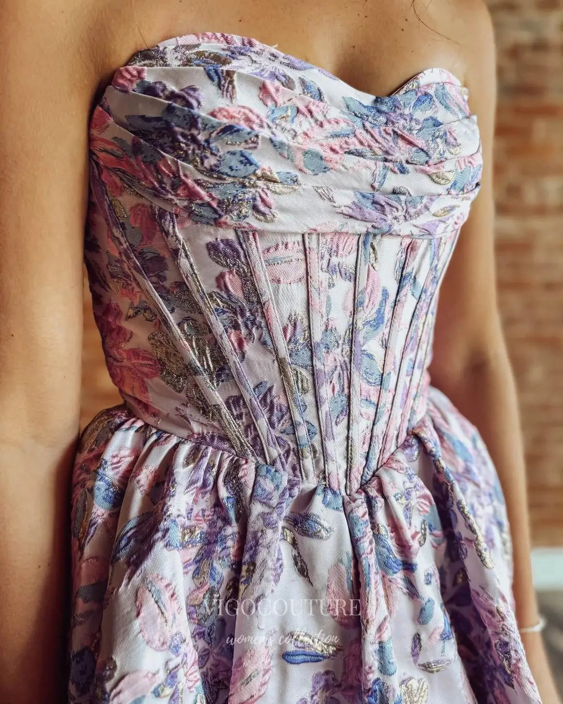 Pastel Floral Jacquard Corset Homecoming Dress with Draped Sweetheart Neckline - P26065