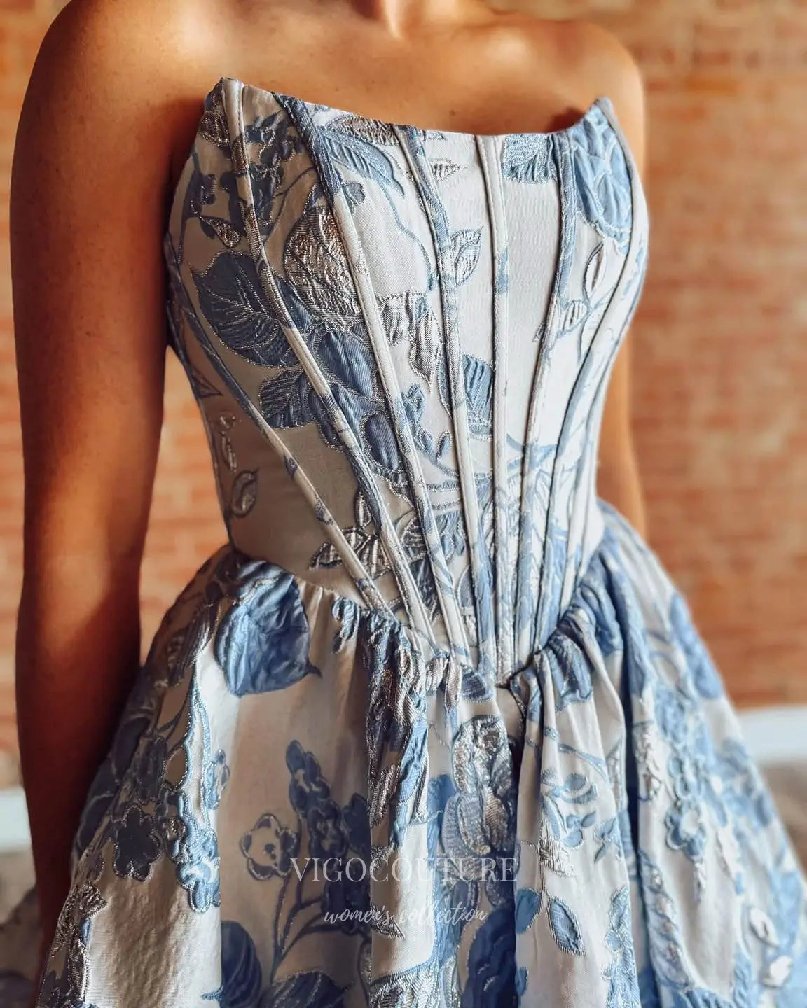 Dusty Blue Floral Strapless Corset Short Prom Dress with Basque Waist and Ruffle Hem - P26076