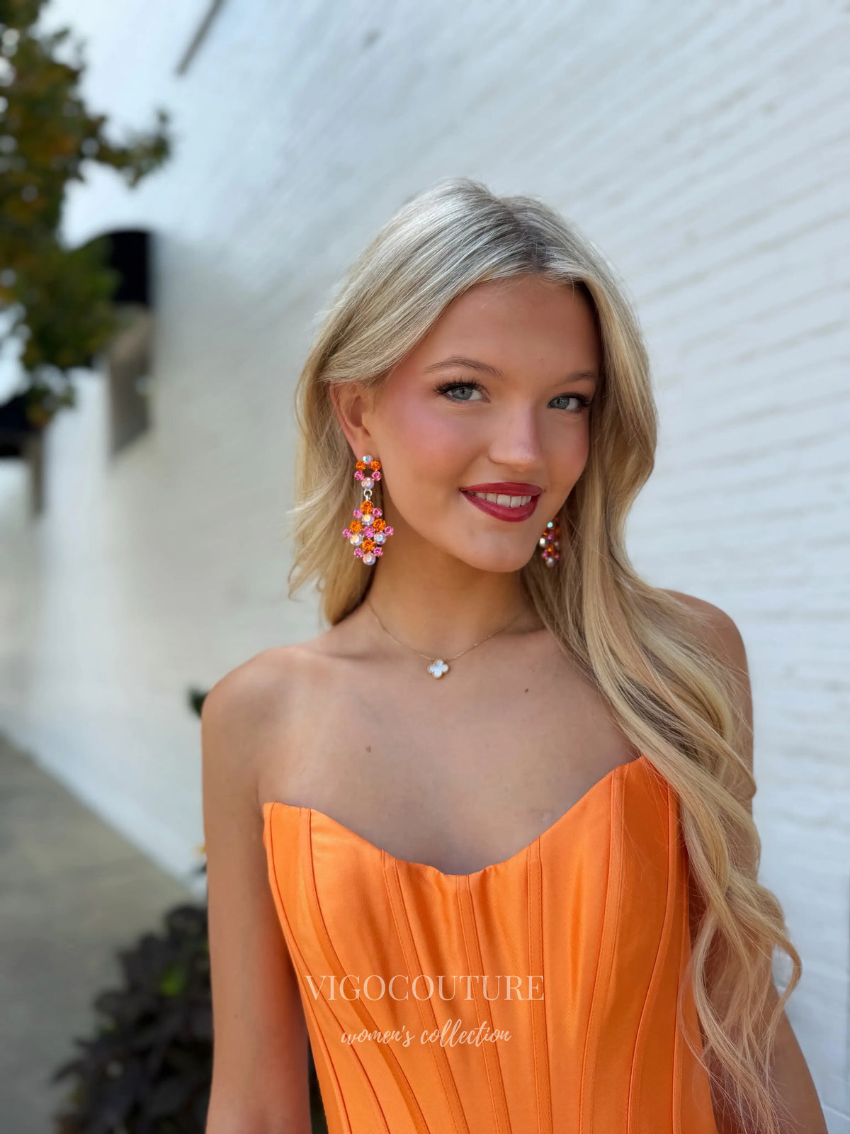 Orange Satin Strapless Corset Prom Dress with Draped Mini Skirt, 3D Flower and Side Train - P26081