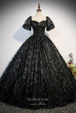 Black Lace Applique Prom Dresses Puffed Sleeve Quinceanera Dress 22341