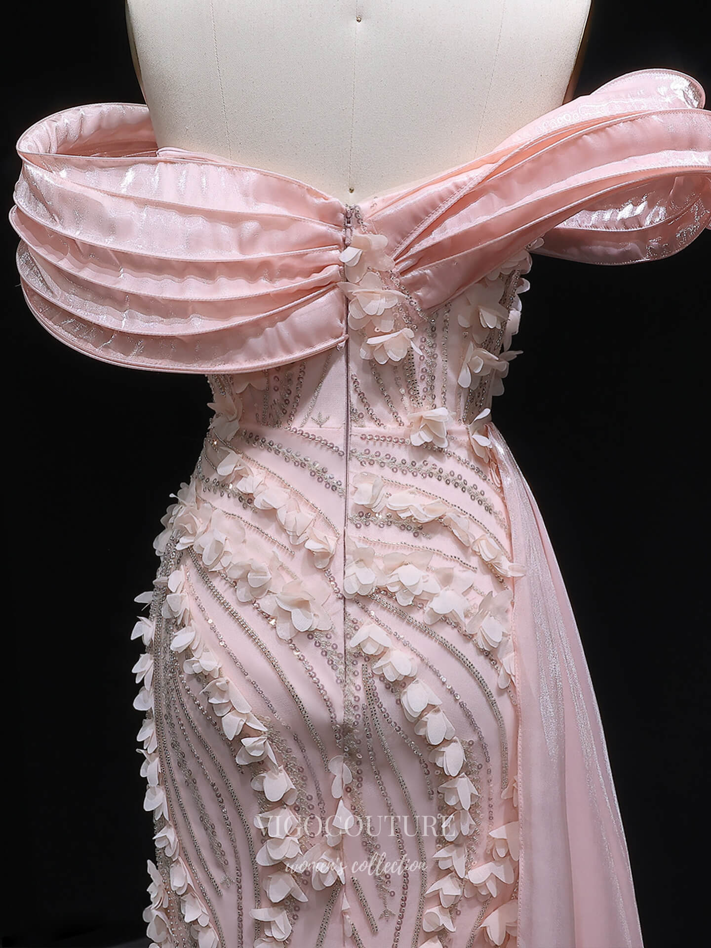 Prom Dresses 2025 to impress Blush Pink Off-Shoulder Beaded Evening Gown with 3D Floral Appliqué, High Slit & Draped Train – 26022-vigocouture-vigocouture