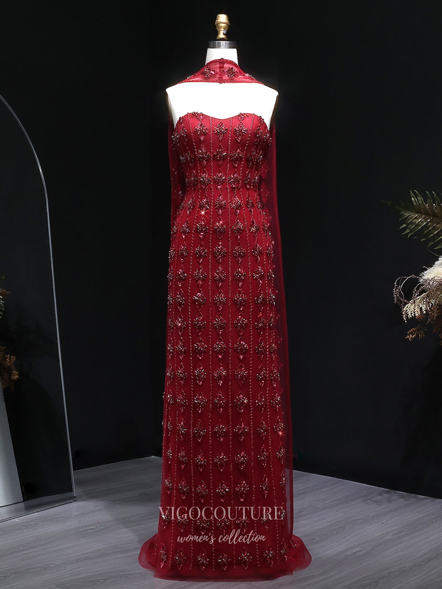 Evening Gown 2025 to impress Champagne Allover Floral Beaded Sheath Evening Gown with Sheer Cape Overlay – 26033-vigocouture-Burgundy-US2-vigocouture