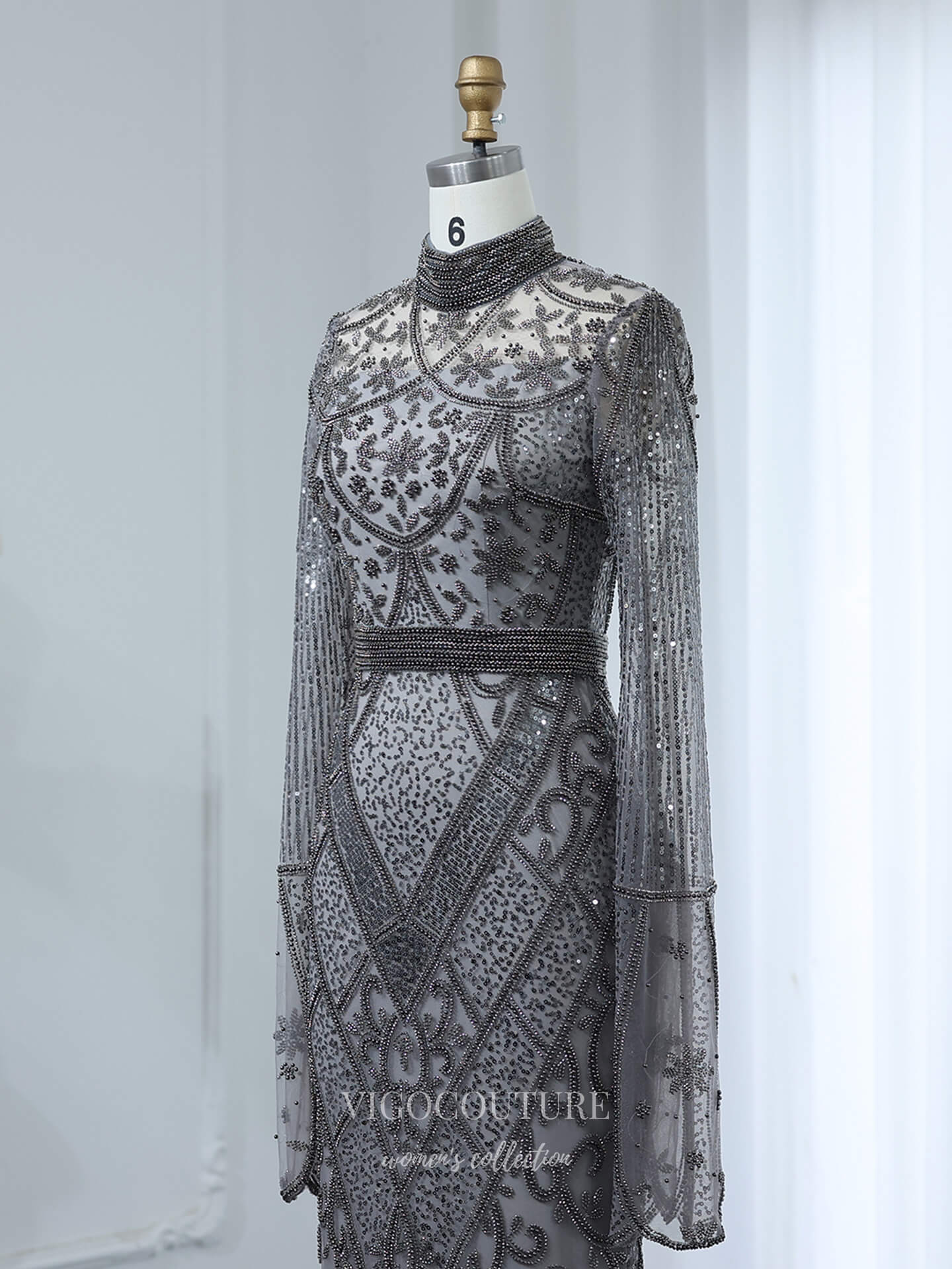 Evening Gown 2025 to impress Charcoal Gray Beaded Sheath Evening Gown with Long Sleeves, Illusion Bodice & Art Deco Beading – 26039-vigocouture-vigocouture