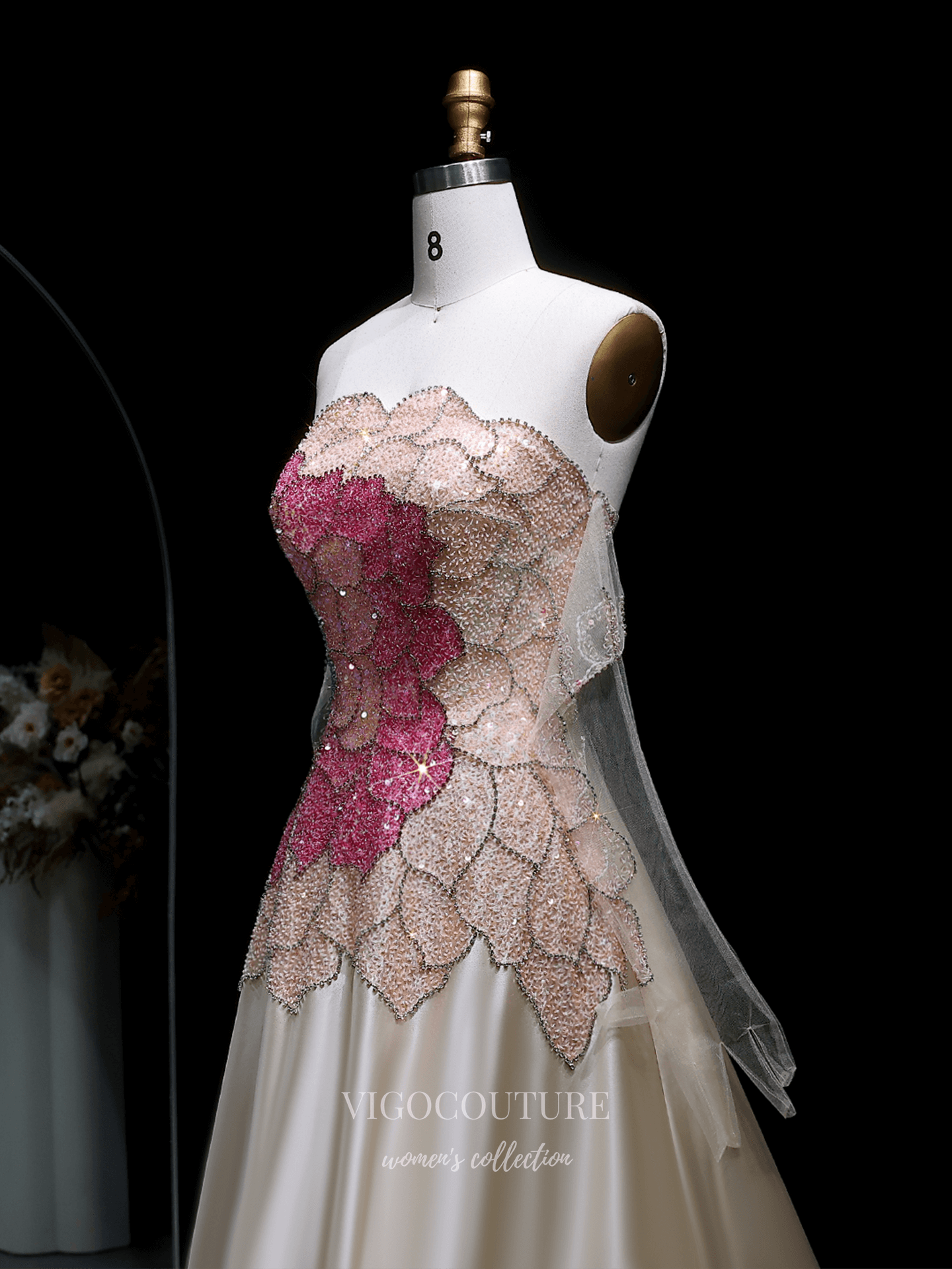 Prom Dresses 2025 to impress Ivory Strapless Evening Gown with Sheer Beaded Long Sleeves, Butterfly Crystal Bodice & Satin A-Line Skirt – 26020-vigocouture-vigocouture