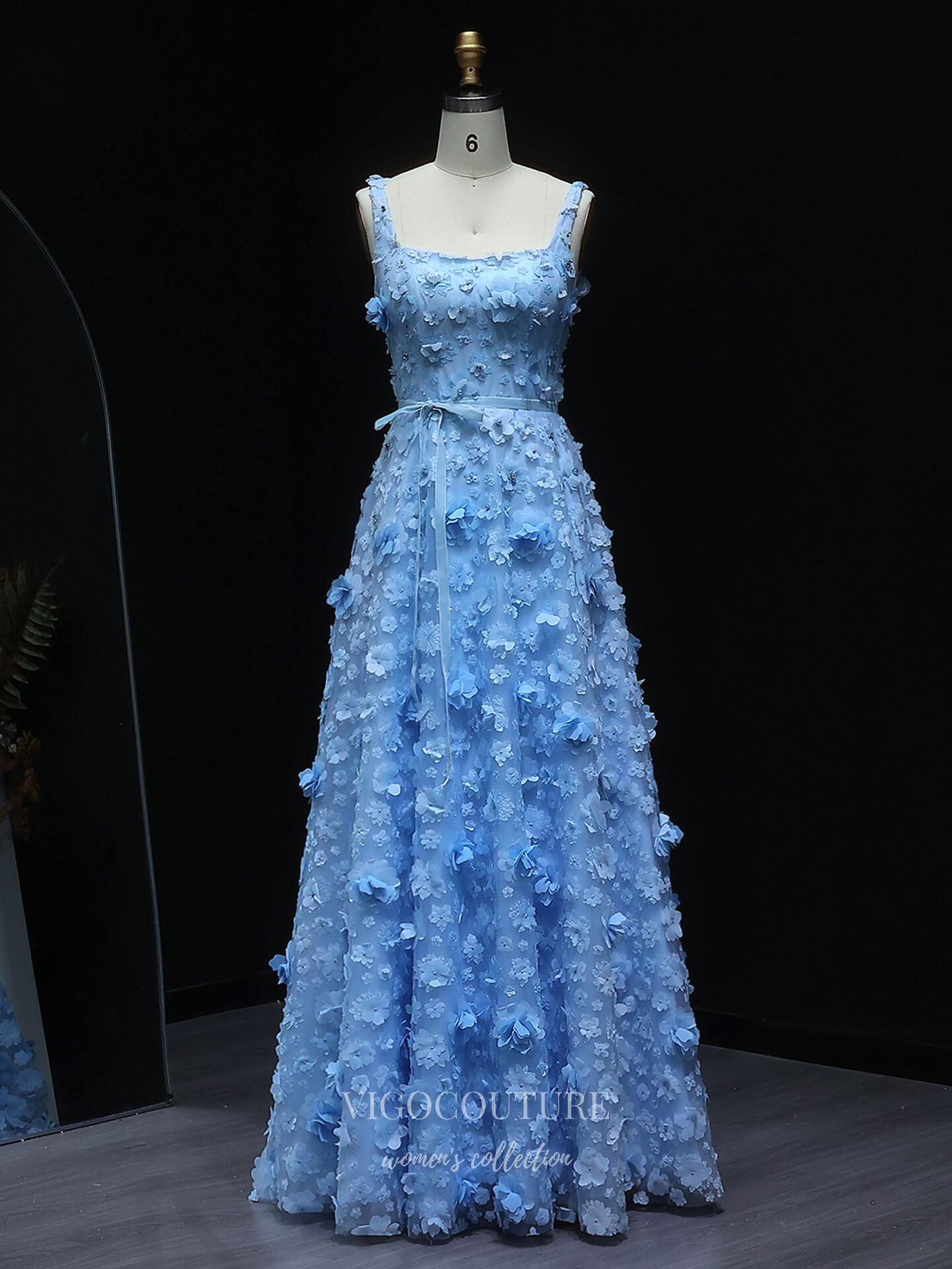 Light Blue 3D Floral Appliqué A-Line Evening Gown with Square Neckline & Lace-Up Back – 26017