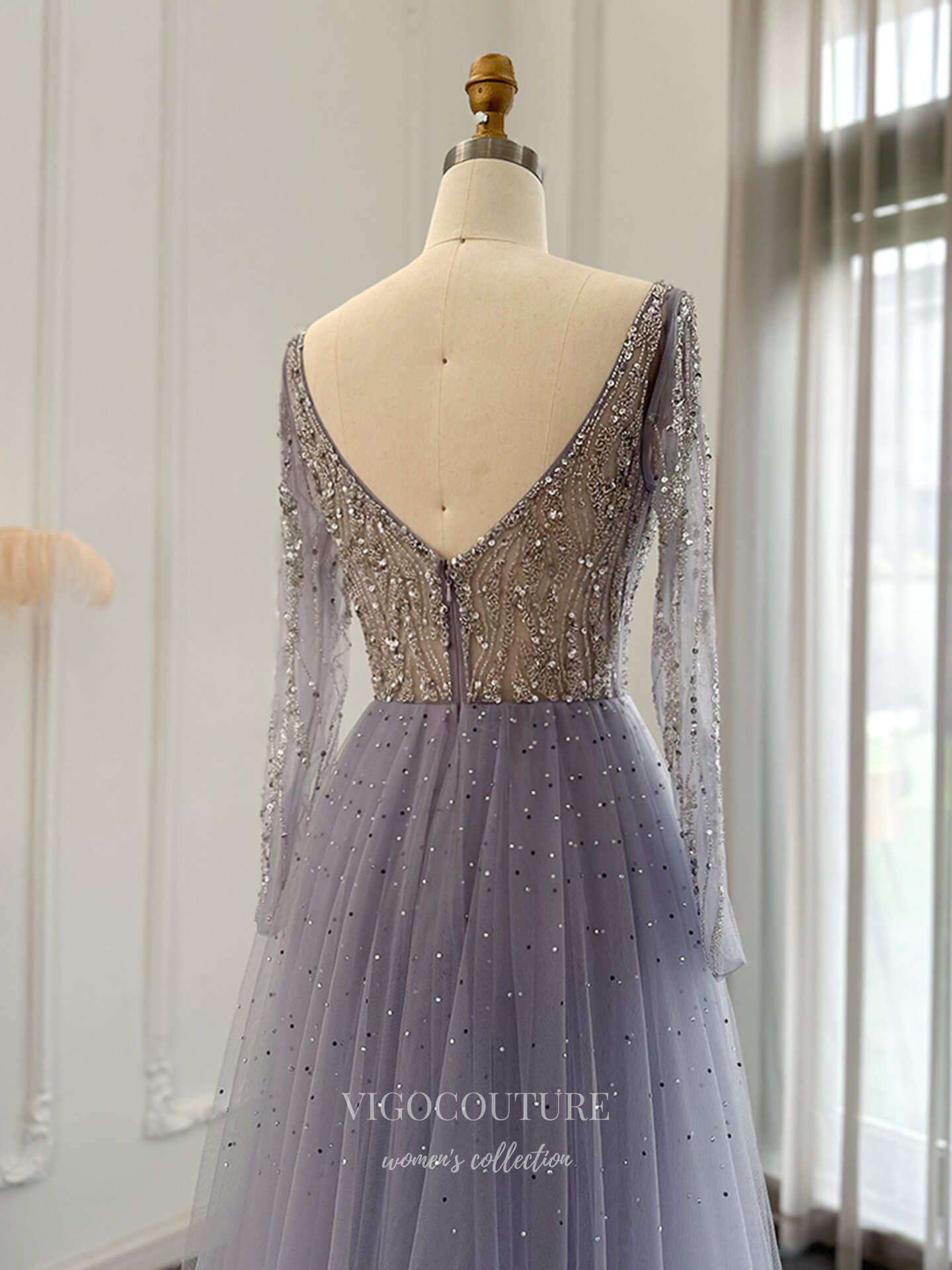 Evening Gown 2025 to impress Lavender Allover Beaded Long Sleeve Evening Gown with Deep V Neck & Flowing Tulle Skirt – 26031-vigocouture-vigocouture
