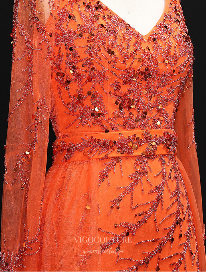 Evening Gown 2025 to impress Light Blue Beaded A-Line Evening Gown with Sheer Overlay Tulle Skirt, V Neck & Long Sleeves – 26036-vigocouture-vigocouture