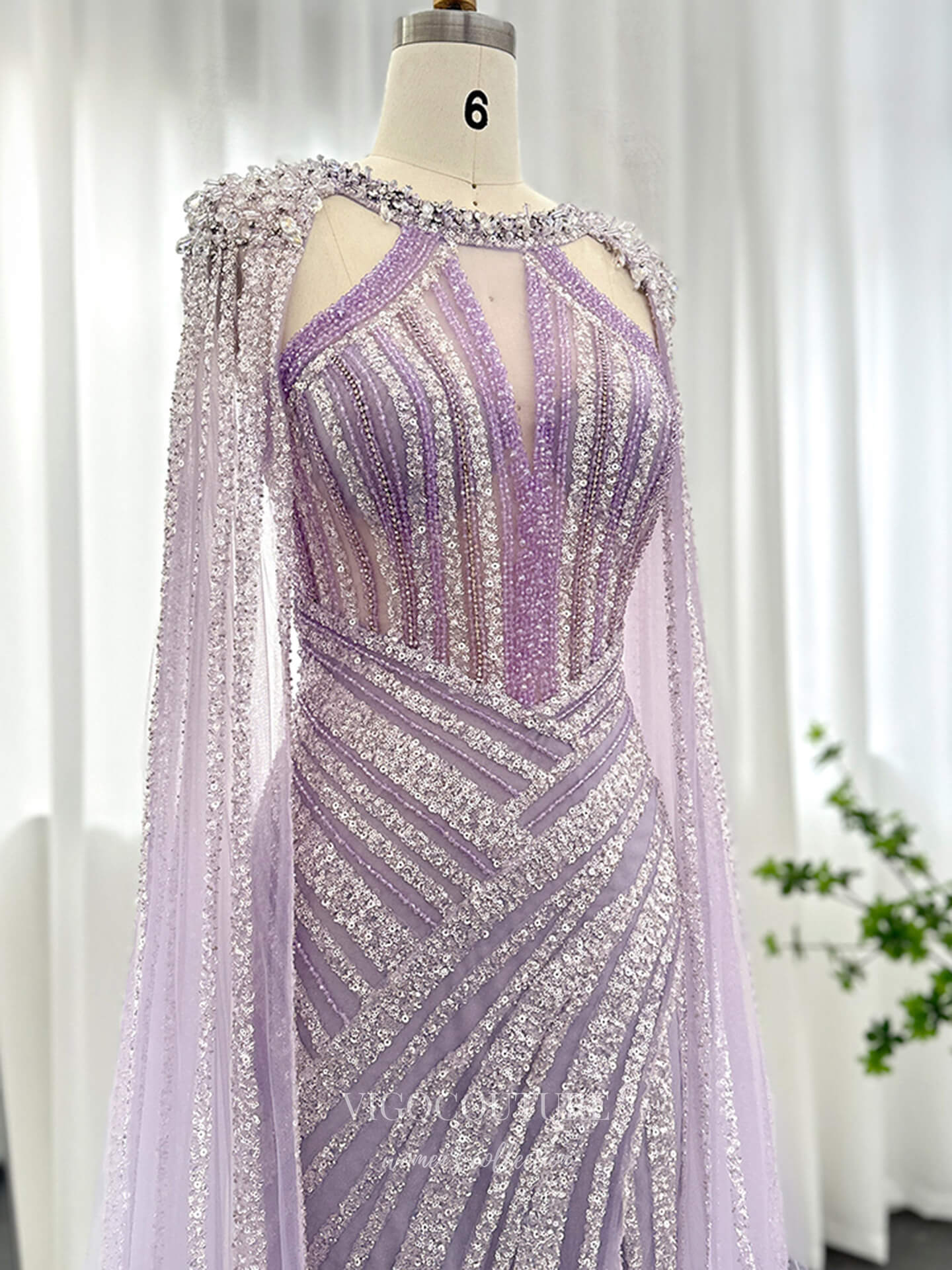 Evening Gown 2025 to impress Radiant Beaded Sheath Evening Gown with Sheer Cape Sleeves, Deep V Illusion Bodice & High Slit – 26040-vigocouture-vigocouture