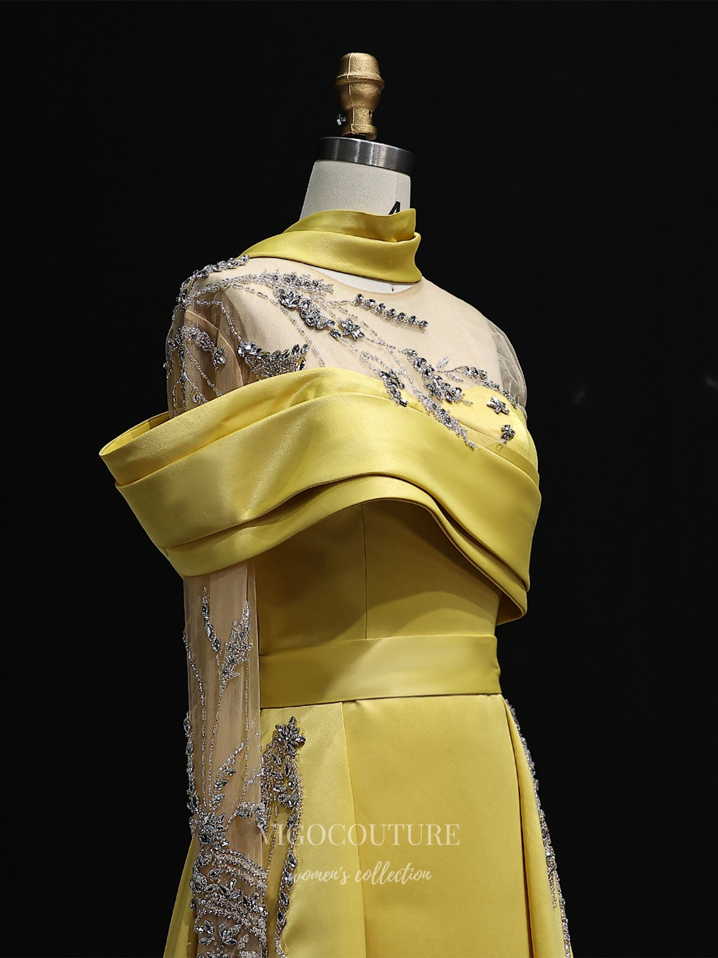 Evening Gown 2025 to impress Yellow One-Shoulder Satin A-Line Evening Gown with High Neck Scarf, Sheer Beaded Bodice & Appliqué Details – 26025-vigocouture-vigocouture