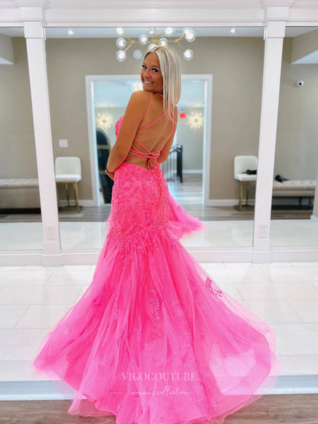 vigocouture Hot Pink Tulle Prom Dresses with Slit Spaghetti Strap Evening Dress 20389 Pink / US12