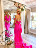 Hot Pink Satin Mermaid Cheap Prom Dresses Bow-Tie Halter Neck 24074