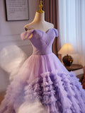 Lavender Ruffled Tiered Prom Dresses Off the Shoulder Quinceanera Dress 24381-Prom Dresses-vigocouture-Lavender-Custom Size-vigocouture