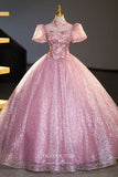 Pink Lace Applique Prom Dresses Puffed Sleeve Quinceanera Dress 22352