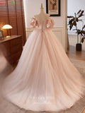 Pink Puffed Sleeve Prom Dresses Off the Shoulder Tulle Quinceanera Dress 24403-Prom Dresses-vigocouture-Pink-Custom Size-vigocouture