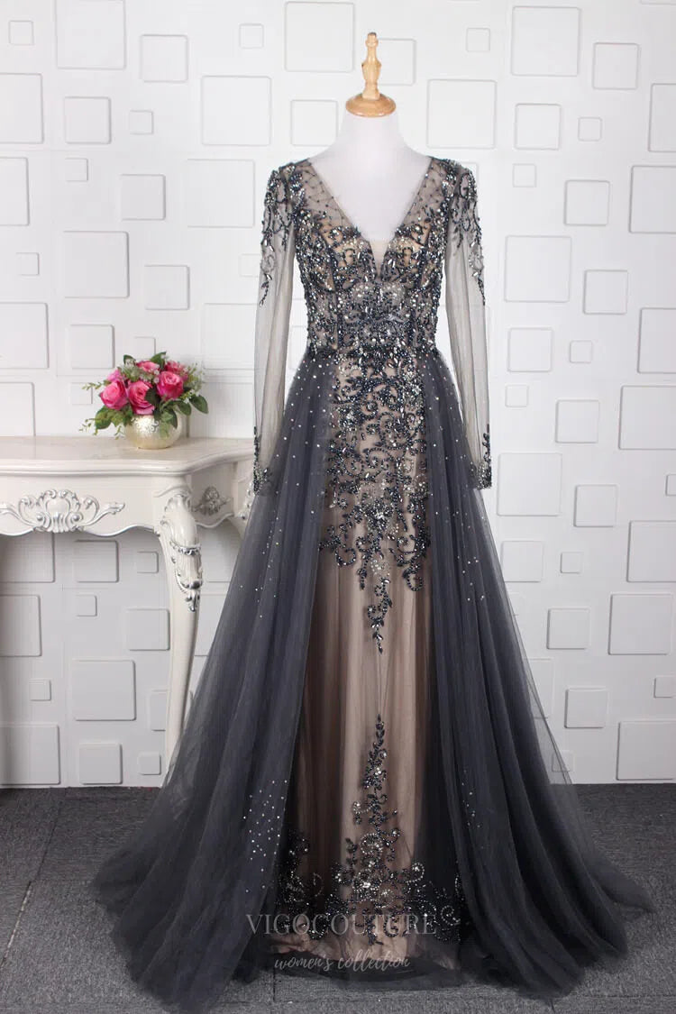 Beaded A-Line Prom Dresses Long Sleeve Evening Dresses 20763 Grey / US14 Beaded A-Line Prom Dresses Long Sleeve Evening Dresses 20763 Grey / US14