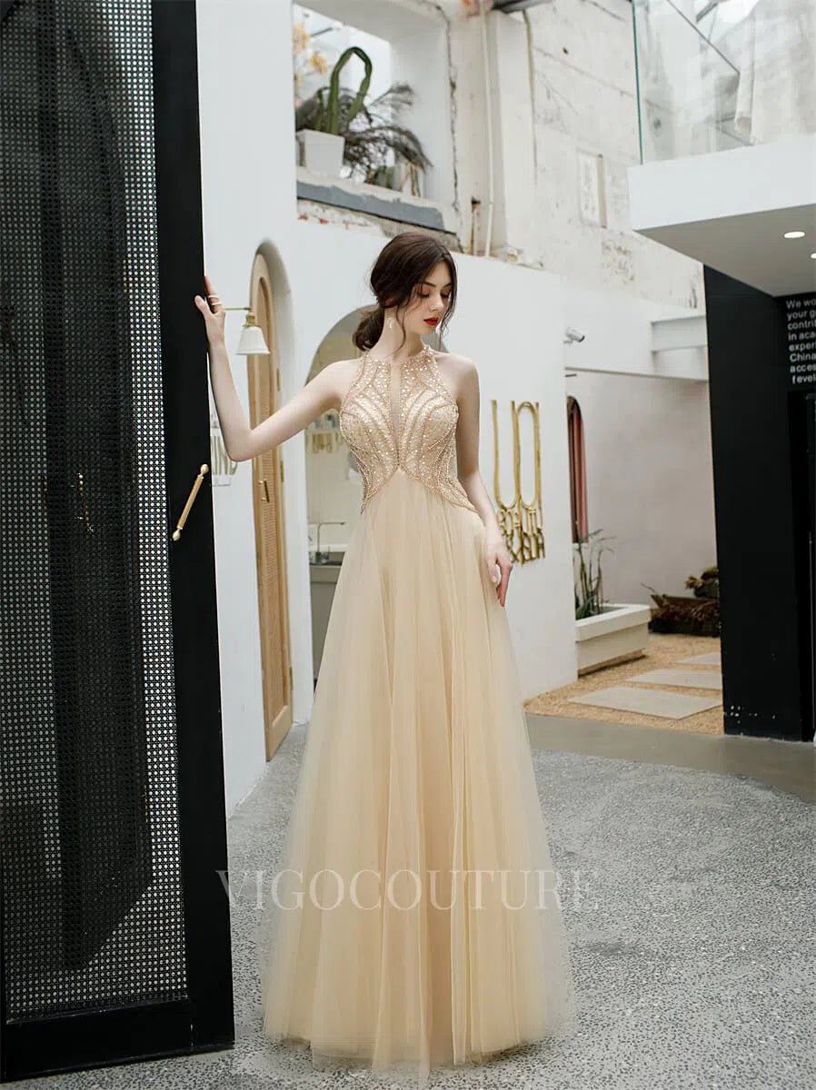 Beaded Champagne Prom Gown A-line Backless Prom Dresses 20170 vigocouture Beaded Champagne Prom Gown A-line Backless Prom Dresses 20170 vigocouture