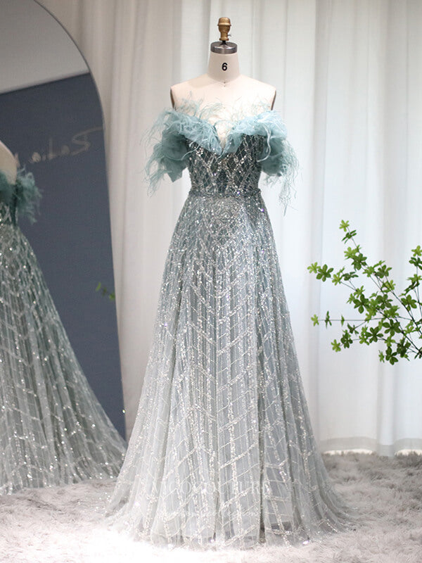 Beaded Feather Prom Dresses Off the Shoulder Evening Dress 22148 Beaded Feather Prom Dresses Off the Shoulder Evening Dress 22148