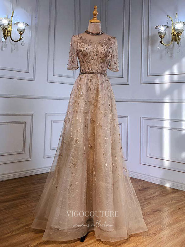 Beaded Half Sleeve Prom Dresses Round Neck Formal Dresses 21225 vigocouture Beaded Half Sleeve Prom Dresses Round Neck Formal Dresses 21225 vigocouture