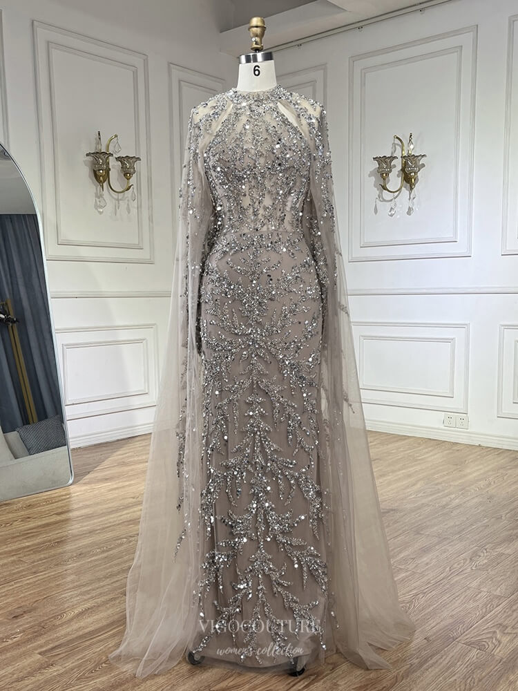 Beaded Lace Cape Sleeve Pageant Dresses Sheath Sparkly Mother of the Bride Dress 25023 Khaki / US2 Beaded Lace Cape Sleeve Pageant Dresses Sheath Sparkly Mother of the Bride Dress 25023 Khaki / US2