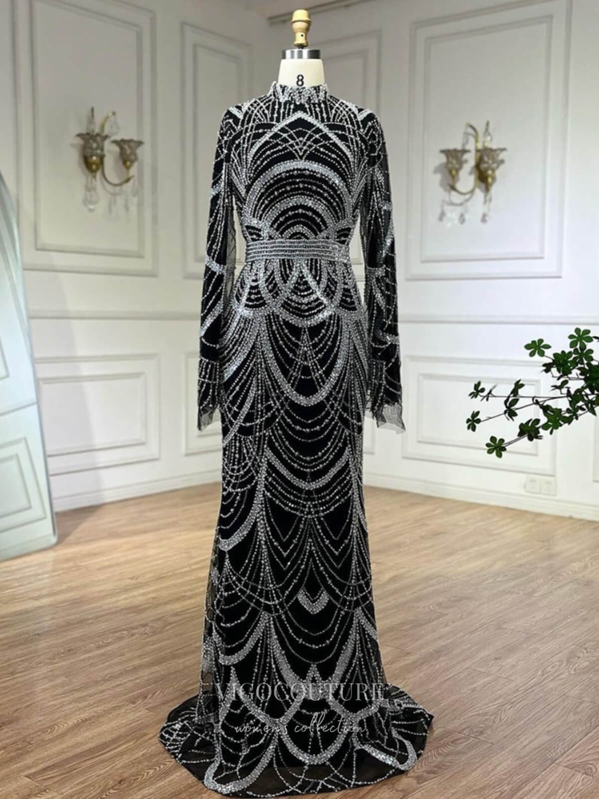 Beaded Lace Long Sleeve Prom Dresses High Neck Pageant Dress 24532 Black / US16 Beaded Lace Long Sleeve Prom Dresses High Neck Pageant Dress 24532 Black / US16