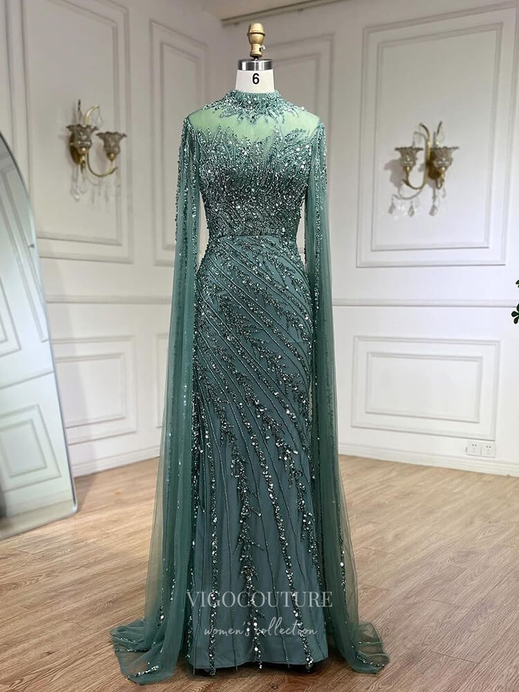 Beaded Lace Mermaid Prom Dresses Extra Long Sleeve Sleeve High Neck Pa vigocouture Beaded Lace Mermaid Prom Dresses Extra Long Sleeve Sleeve High Neck Pa vigocouture