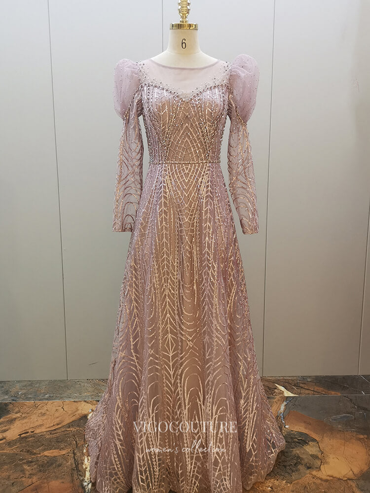 Beaded Lace Prom Dresses Long Sleeve Boat Neck Formal Dresses 22070 vigocouture Beaded Lace Prom Dresses Long Sleeve Boat Neck Formal Dresses 22070 vigocouture