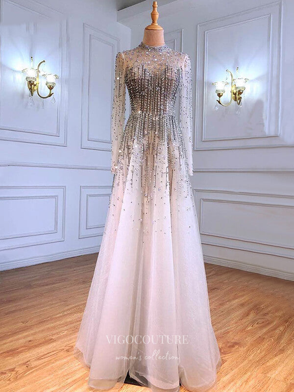 Beaded Long Sleeve Prom Dresses High Neck Formal Dresses 21261 - Silver / US12 Beaded Long Sleeve Prom Dresses High Neck Formal Dresses 21261 - Silver / US12