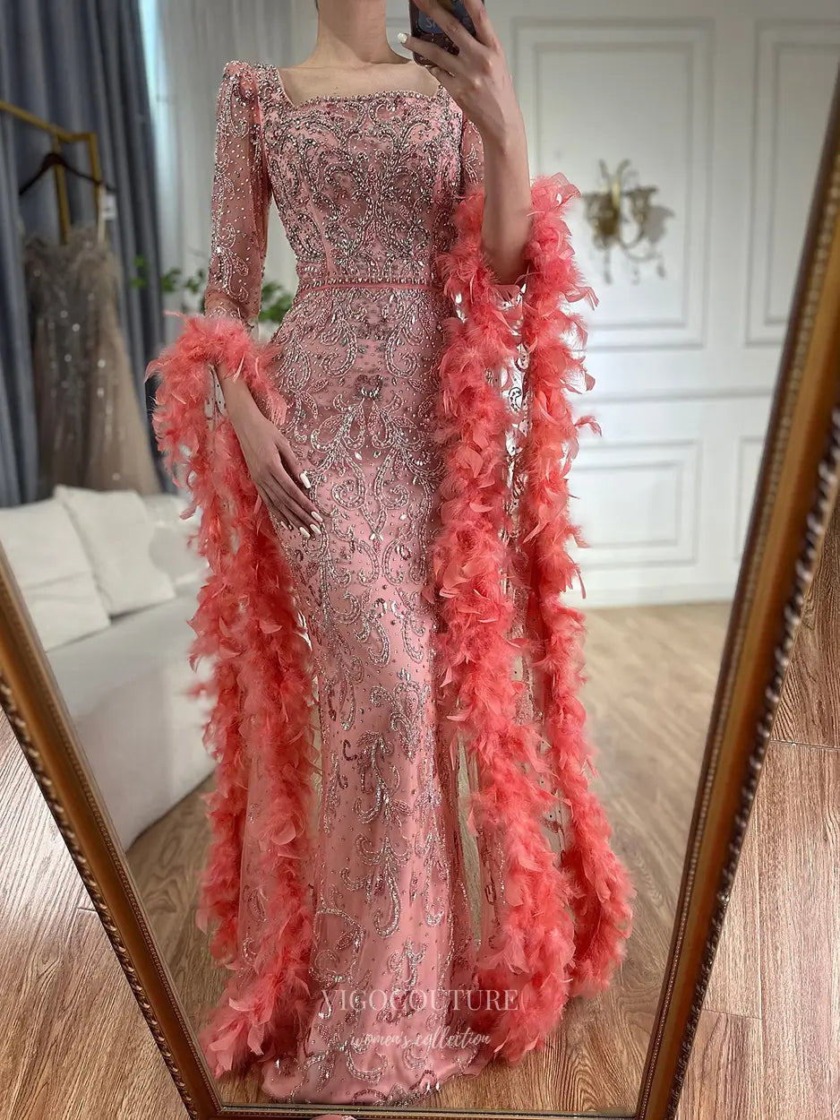 Beaded Mermaid Evening Gown with Feathered Sleeves & Square Neckline - Style 25318 | VIGO COUTURE vigocouture Beaded Mermaid Evening Gown with Feathered Sleeves & Square Neckline - Style 25318 | VIGO COUTURE vigocouture