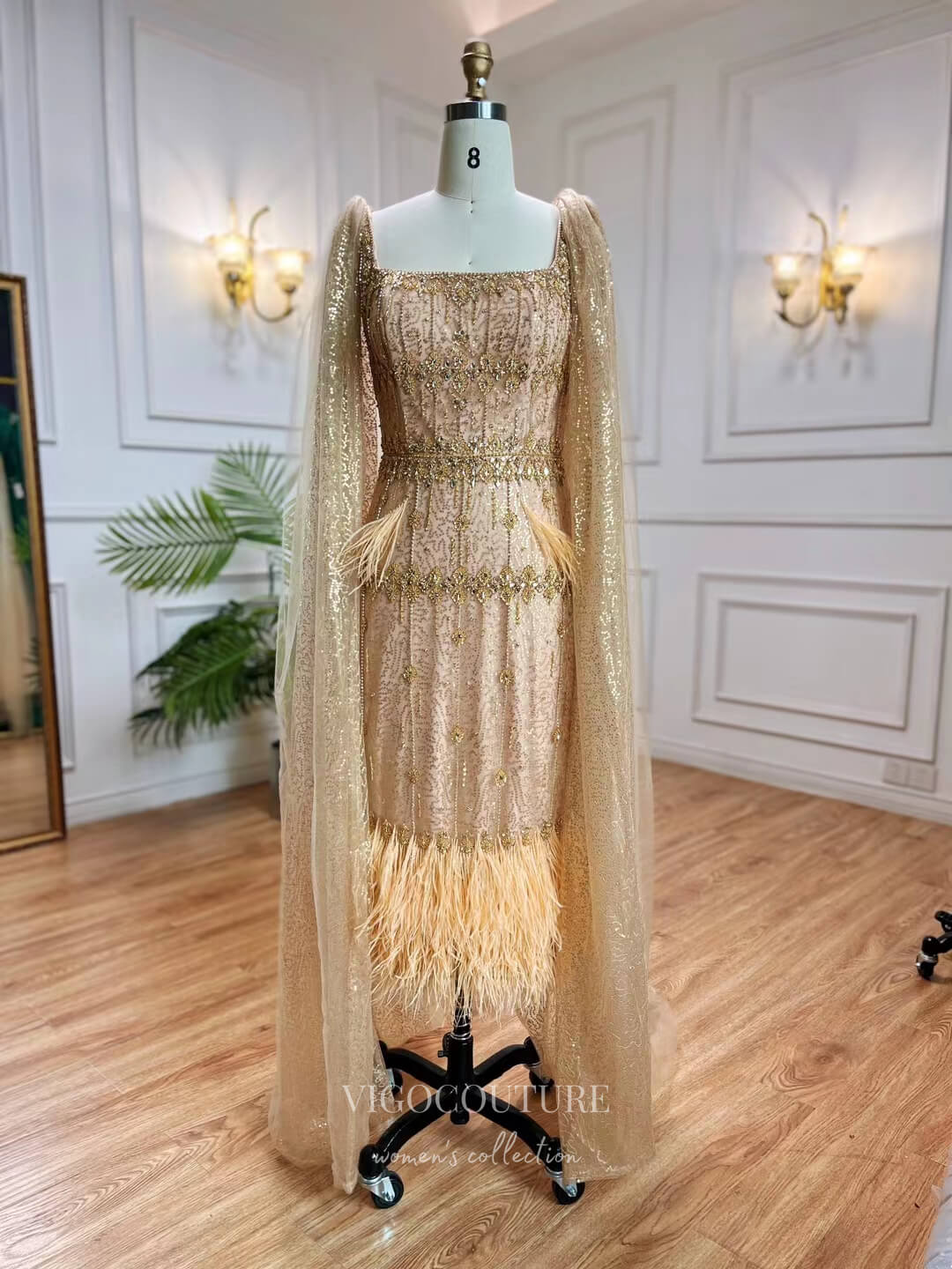 Beaded Tea-Length Prom Dresses Cape Sleeve Evening Dress 22122 vigocouture Beaded Tea-Length Prom Dresses Cape Sleeve Evening Dress 22122 vigocouture