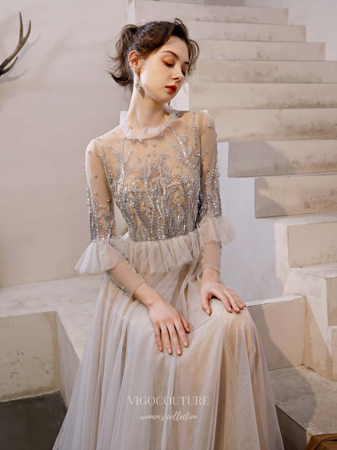 Beaded Tiered Long Sleeve Prom Dress 20195 Grey / US16 Beaded Tiered Long Sleeve Prom Dress 20195 Grey / US16