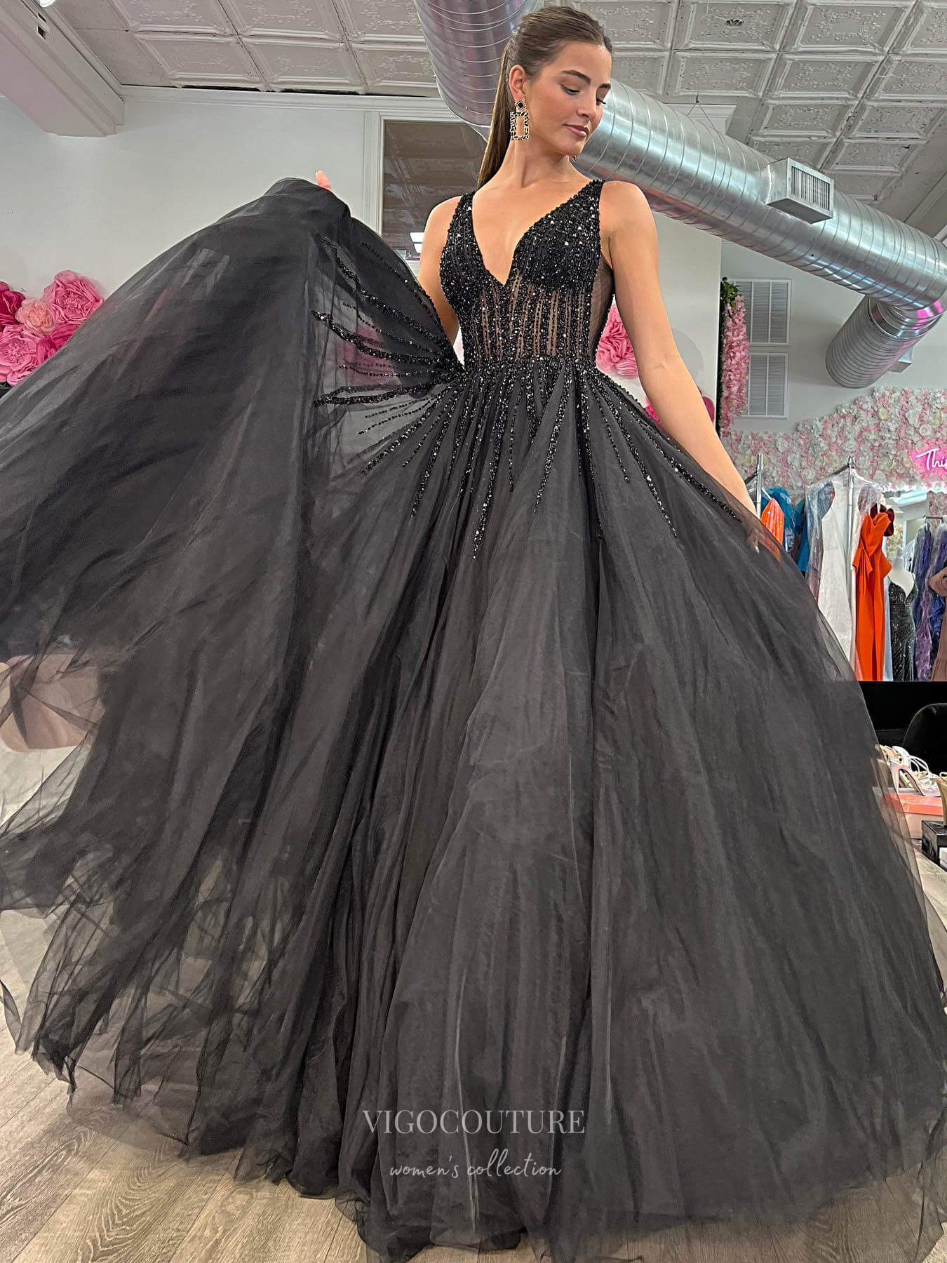 Black Beaded V-Neck Tulle Prom Dresses 2024 Sheer Boned Bodice 24219 Black / 20W Black Beaded V-Neck Tulle Prom Dresses 2024 Sheer Boned Bodice 24219 Black / 20W