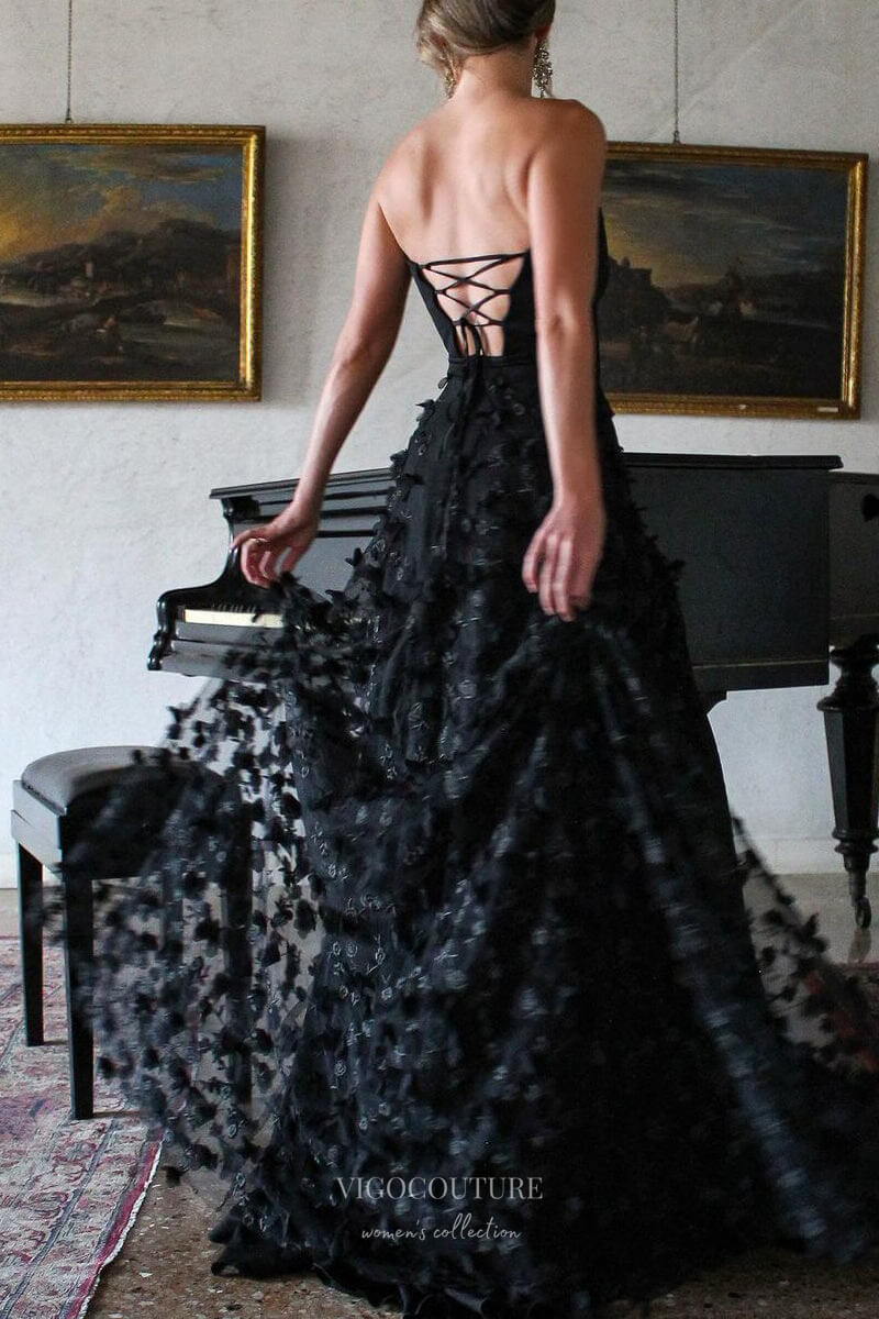 Prom Dress 2025 Black Floral Lace Prom Dresses with Slit Strapless Formal Gown 24209-unique elegant Prom Dresses-Black-Custom Size-vigocouture