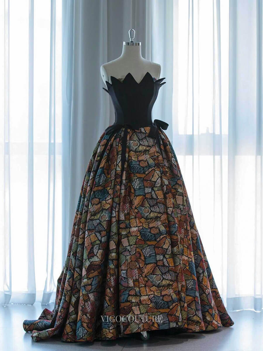 Black Jacquard Prom Dresses with Bow, Strapless Formal Dresses BG085 vigocouture Black Jacquard Prom Dresses with Bow, Strapless Formal Dresses BG085 vigocouture