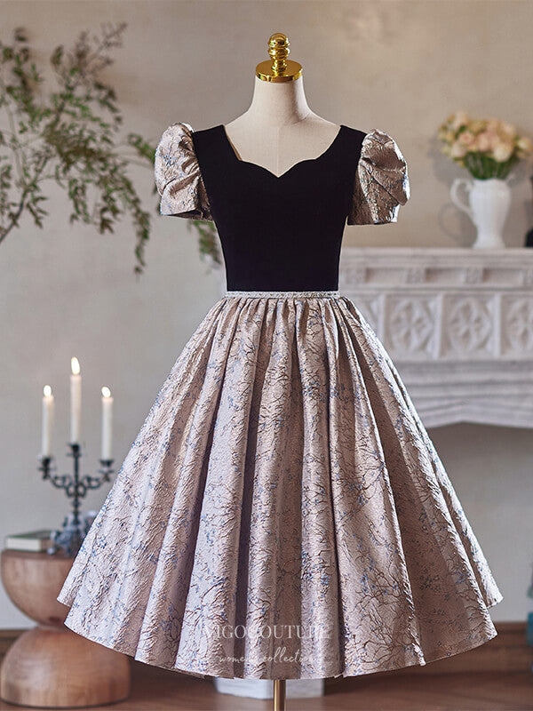 Black Jacquard Satin Homecoming Dress Puffed Sleeve Graduation Dress hc331 - Black / US10 Black Jacquard Satin Homecoming Dress Puffed Sleeve Graduation Dress hc331 - Black / US10