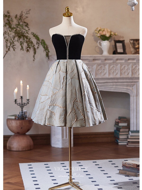 Black Jacquard Satin Homecoming Dress Strapless Graduation Dress hc329 vigocouture Black Jacquard Satin Homecoming Dress Strapless Graduation Dress hc329 vigocouture