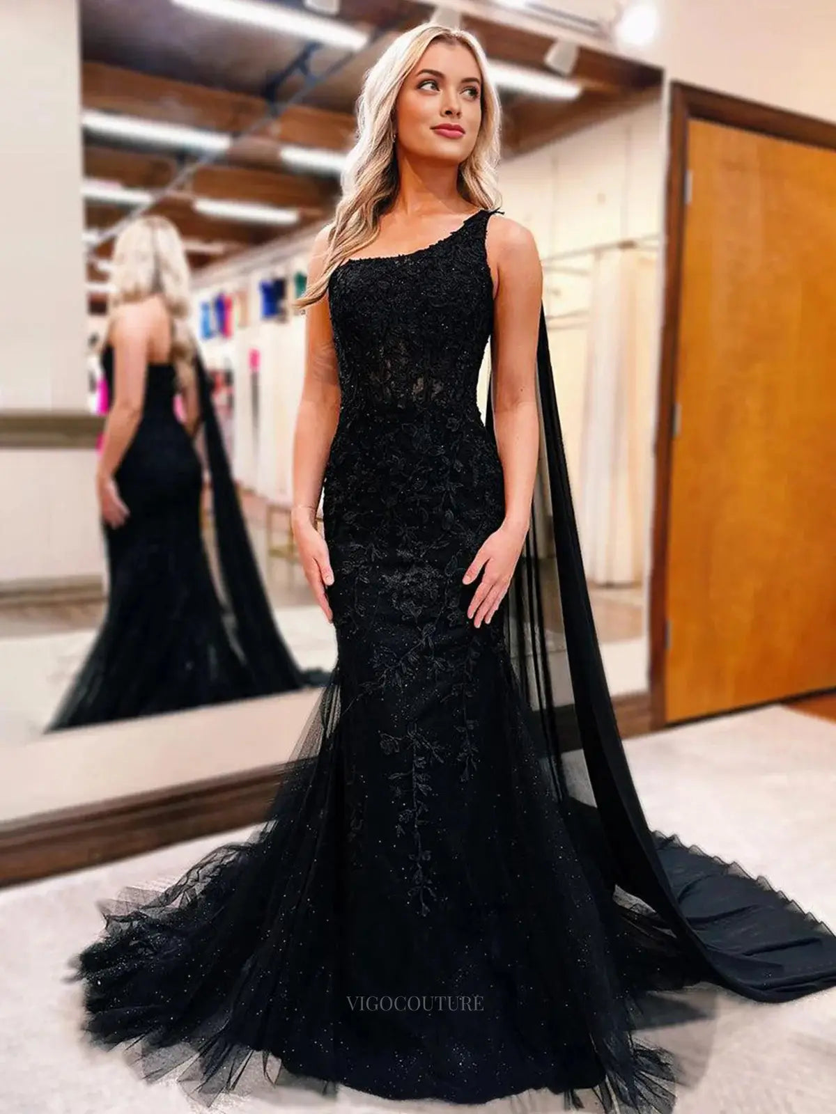 Black Lace Mermaid Prom Dresses 2025 with One Shoulder & Watteau Train 25112 Custom Colors / US26W Black Lace Mermaid Prom Dresses 2025 with One Shoulder & Watteau Train 25112 Custom Colors / US26W