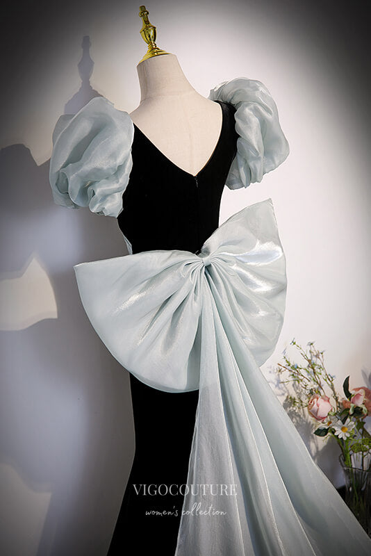 Prom Dress 2025 Black Mermaid Velvet Prom Dress with Puffed Sleeve and Bow-Tie 22258-unique elegant Prom Dresses-Black-Custom Size-vigocouture