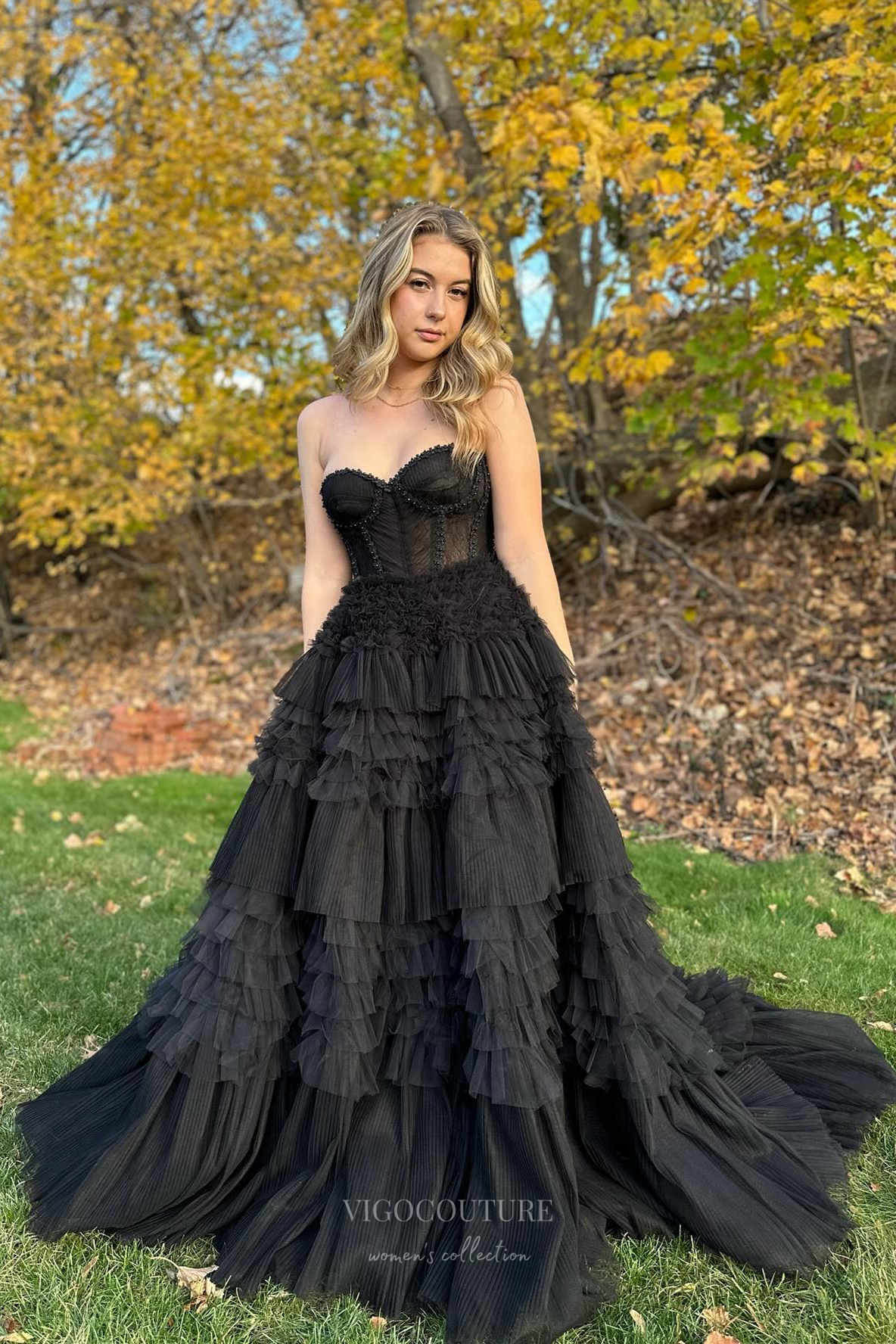 Prom Dress 2025 Black Pleated Tiered Prom Dresses 2024 Strapless Beaded Sheer Boned Bodice 24290-unique elegant Prom Dresses-Black-Custom Size-vigocouture