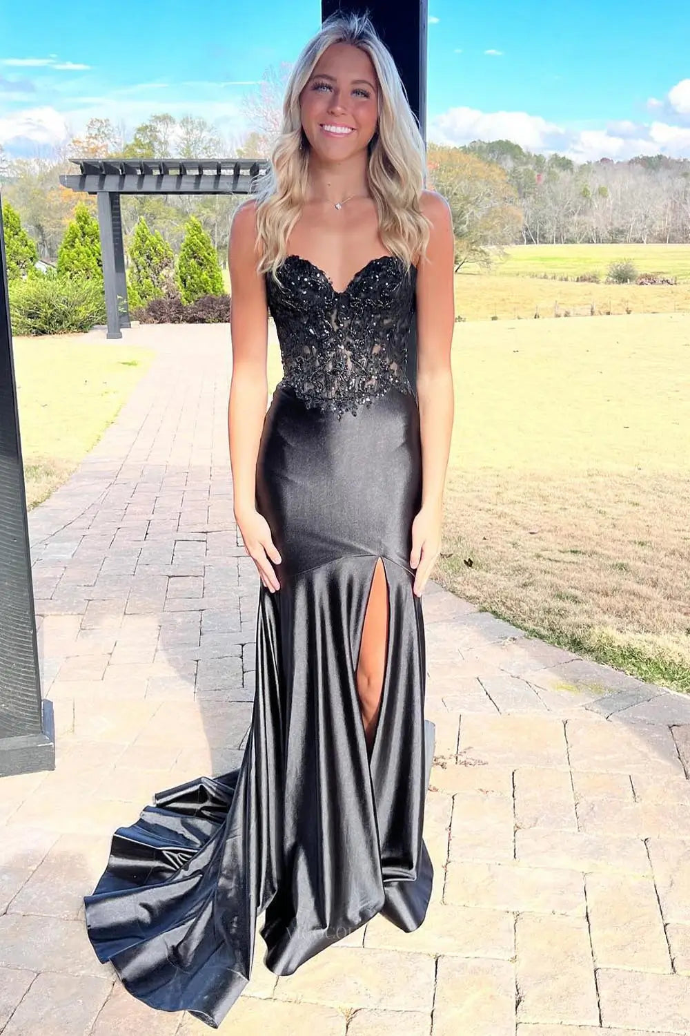 Black Satin Lace Mermaid Prom Dresses with Slit Strapless Sweetheart N vigocouture Black Satin Lace Mermaid Prom Dresses with Slit Strapless Sweetheart N vigocouture