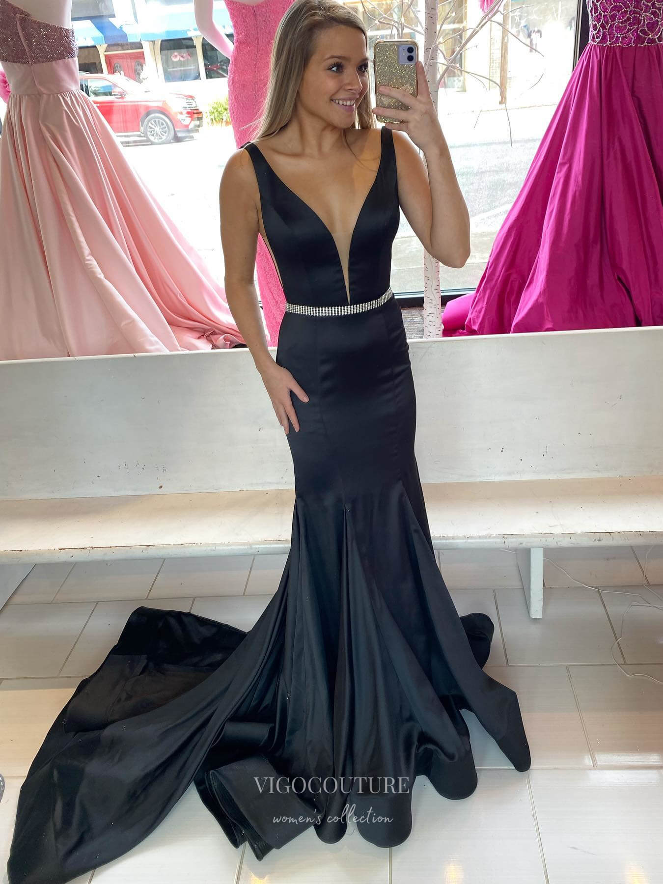 Black Satin Mermaid Prom Dresses Beaded Waist Plunging V-Neck 24111 vigocouture Black Satin Mermaid Prom Dresses Beaded Waist Plunging V-Neck 24111 vigocouture