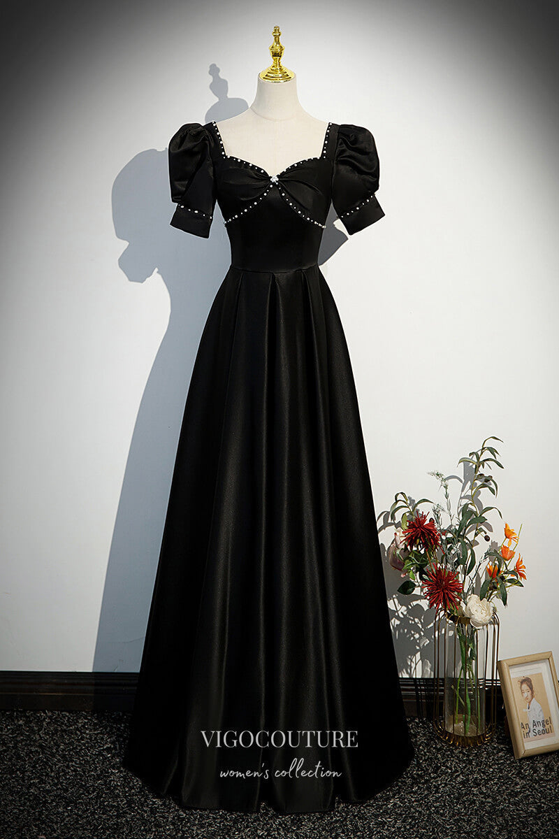 Black Satin Prom Dress with Beaded Puffed Sleeve 22319 vigocouture Black Satin Prom Dress with Beaded Puffed Sleeve 22319 vigocouture